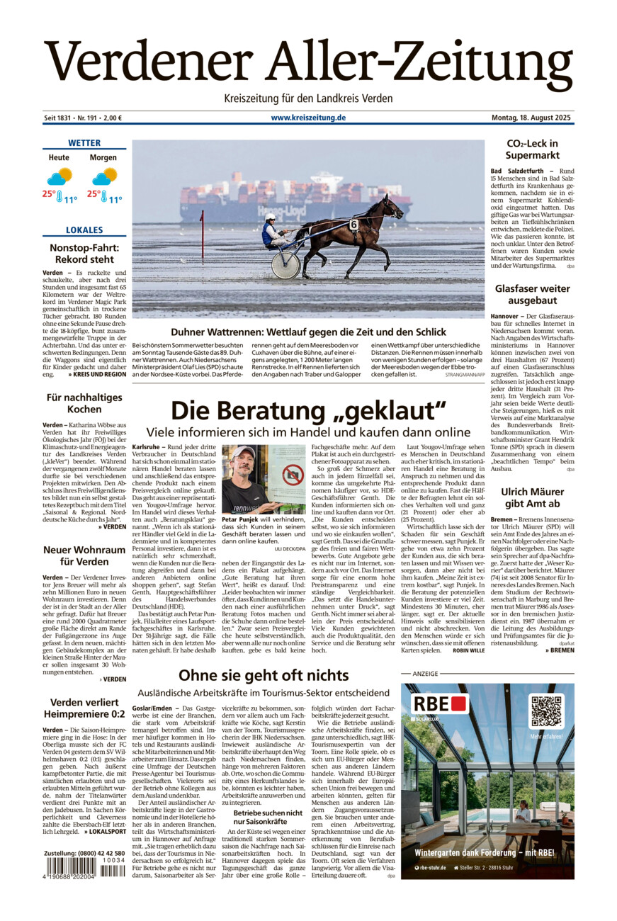 Verdener Aller-Zeitung vom Montag, 18.08.2025