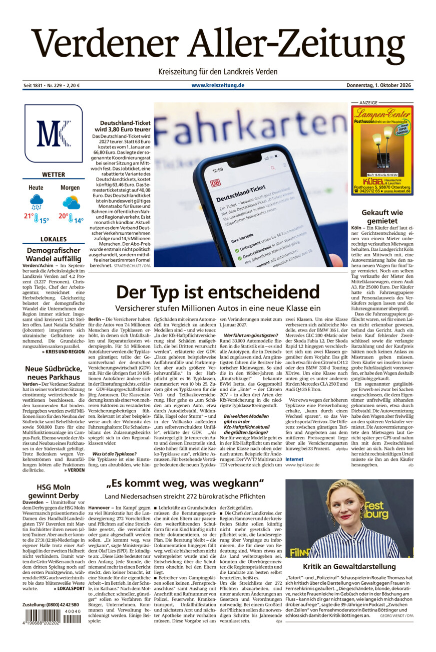 Verdener Aller-Zeitung vom Donnerstag, 01.10.2026
