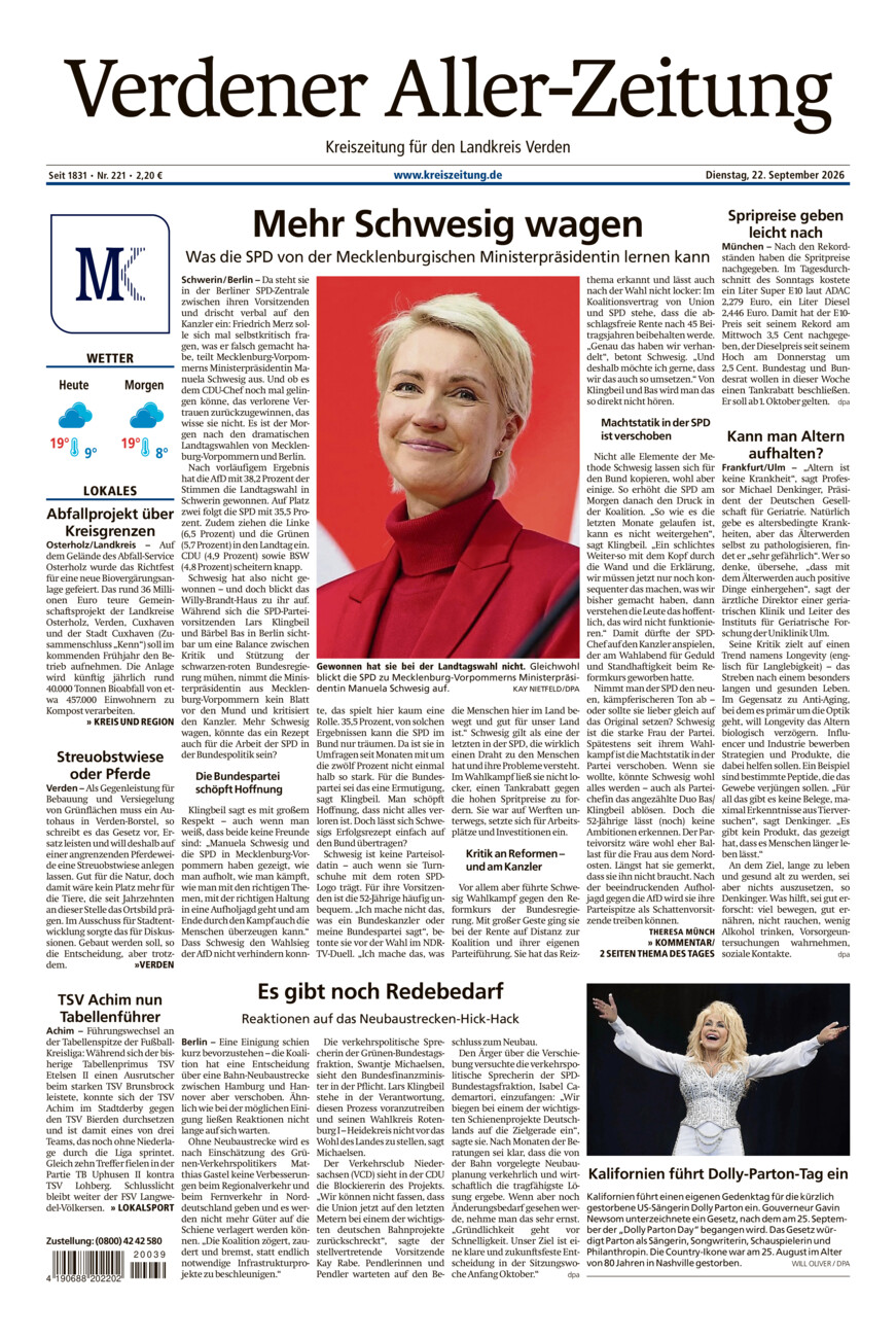 Verdener Aller-Zeitung vom Dienstag, 22.09.2026