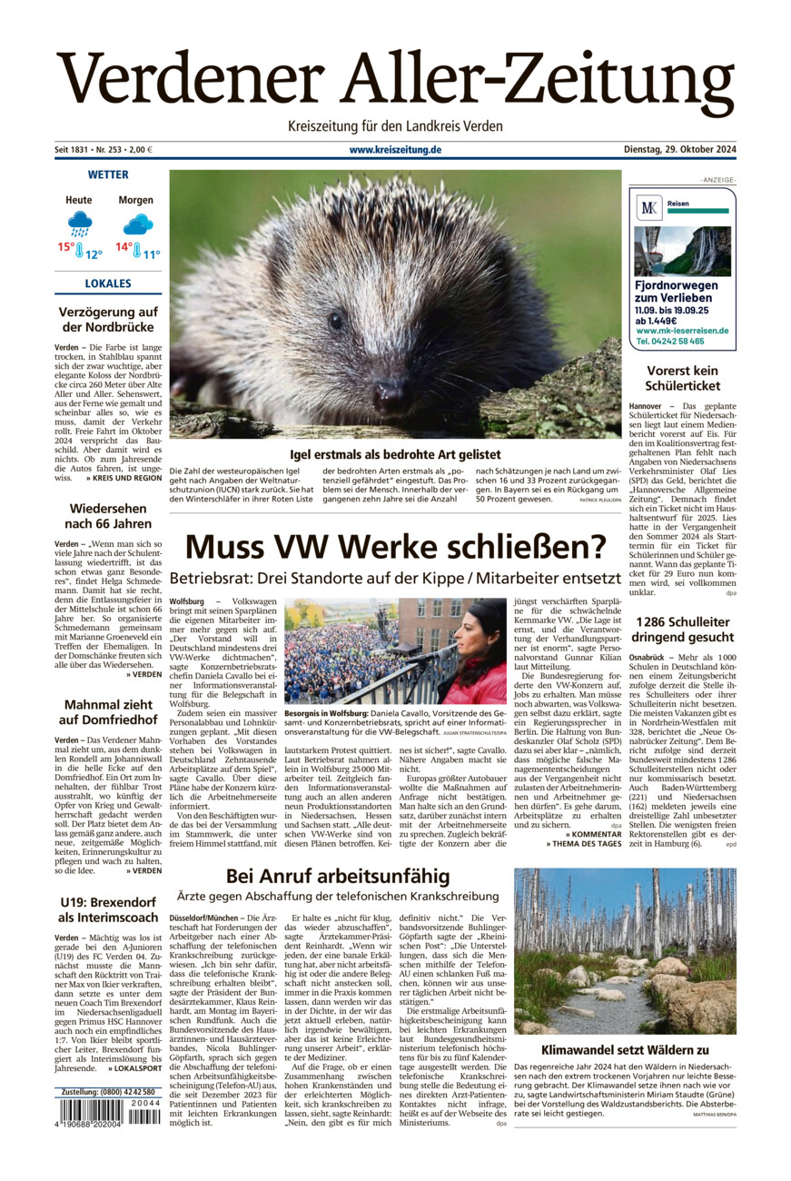 Verdener Aller-Zeitung vom Dienstag, 29.10.2024