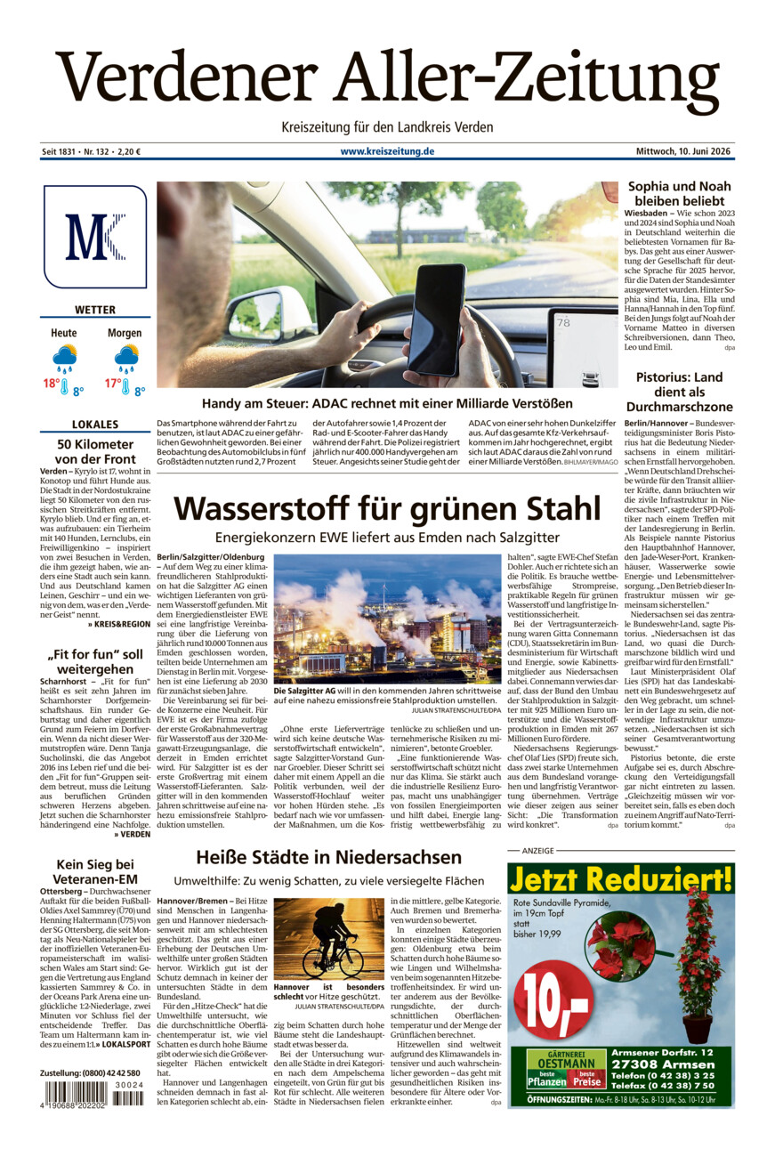 Verdener Aller-Zeitung vom Mittwoch, 10.06.2026
