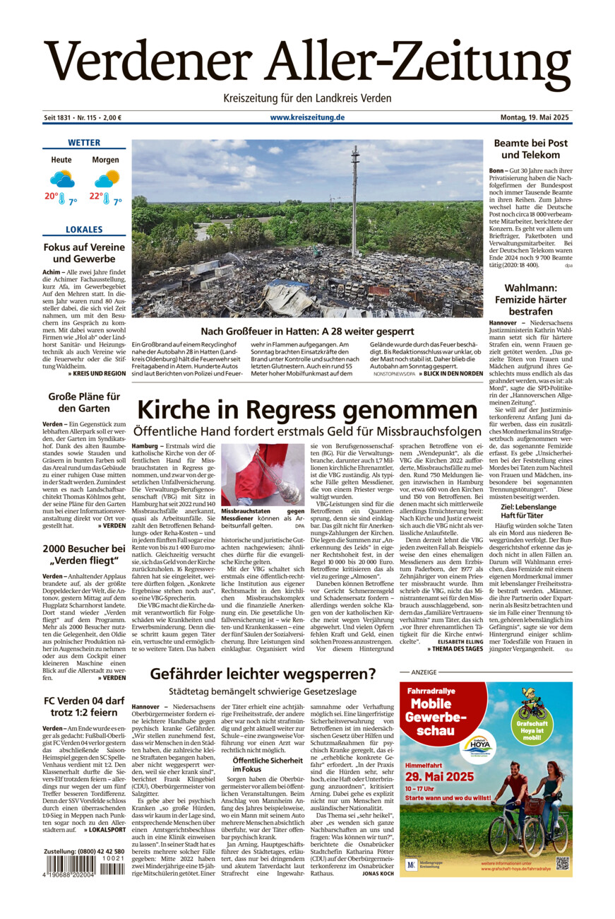 Verdener Aller-Zeitung vom Montag, 19.05.2025