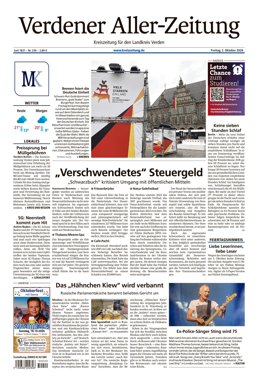 Verdener Aller-Zeitung vom Freitag, 02.10.2026