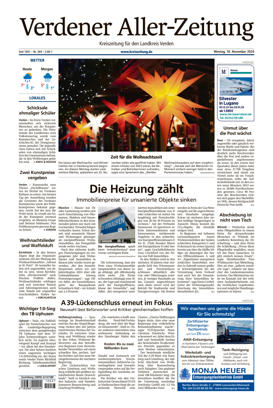 Verdener Aller-Zeitung vom Montag, 18.11.2024