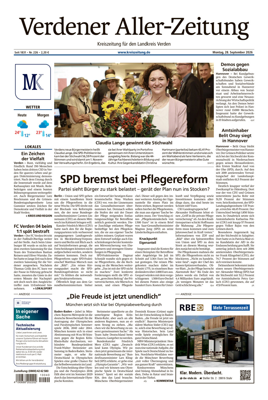 Verdener Aller-Zeitung vom Montag, 28.09.2026