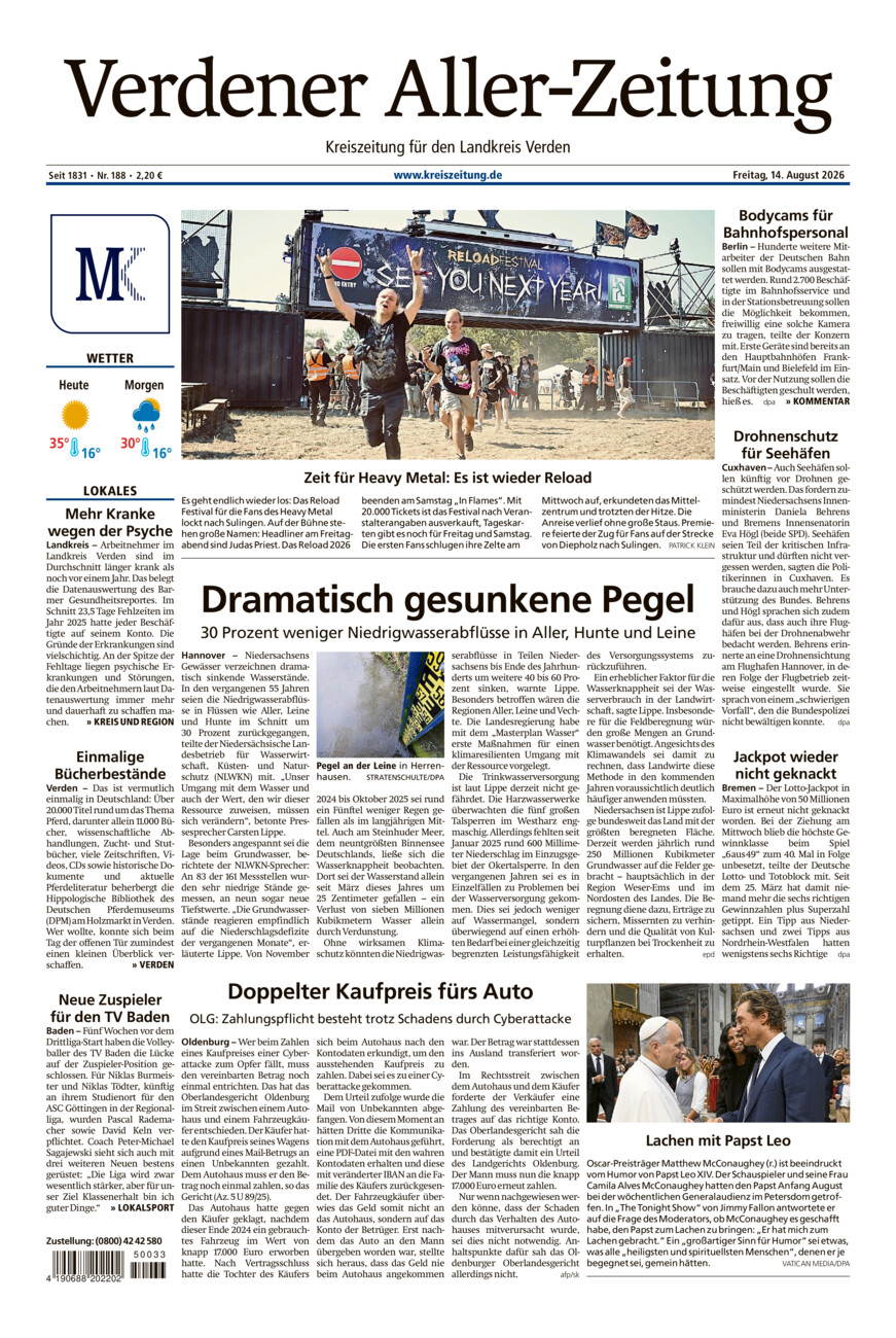 Verdener Aller-Zeitung vom Freitag, 14.08.2026