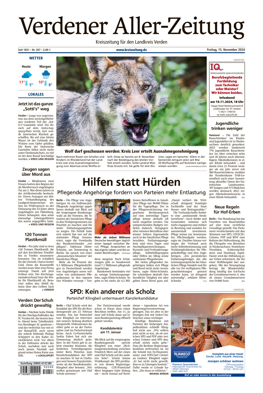 Verdener Aller-Zeitung vom Freitag, 15.11.2024