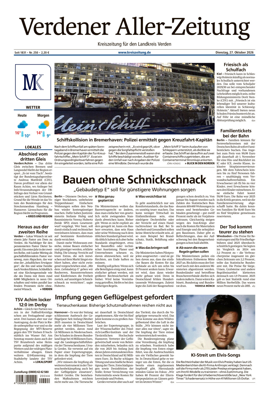 Verdener Aller-Zeitung vom Dienstag, 27.10.2026