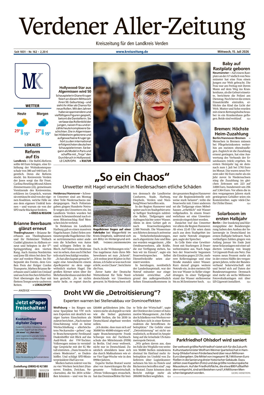Verdener Aller-Zeitung vom Mittwoch, 15.07.2026