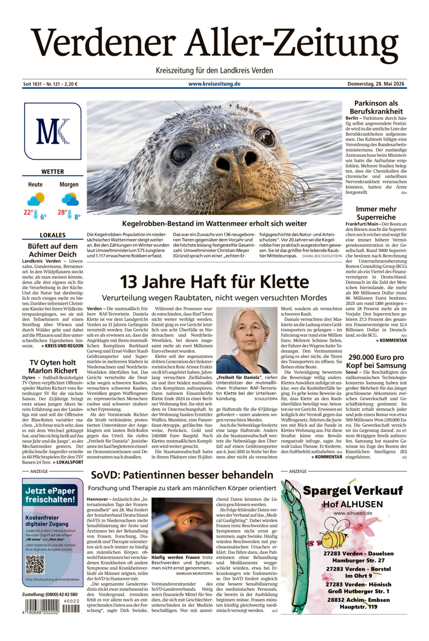Verdener Aller-Zeitung vom Donnerstag, 28.05.2026