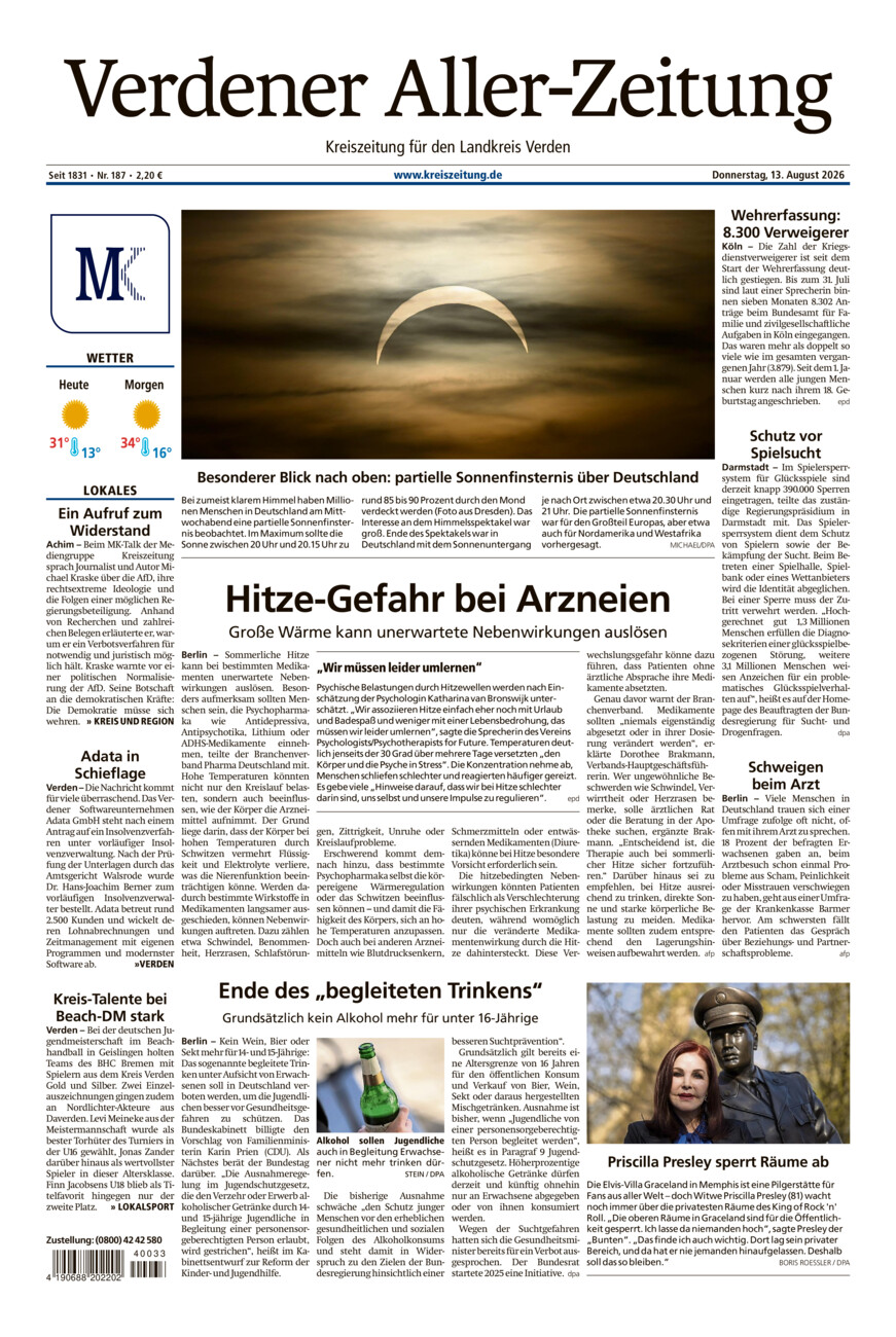 Verdener Aller-Zeitung vom Donnerstag, 13.08.2026