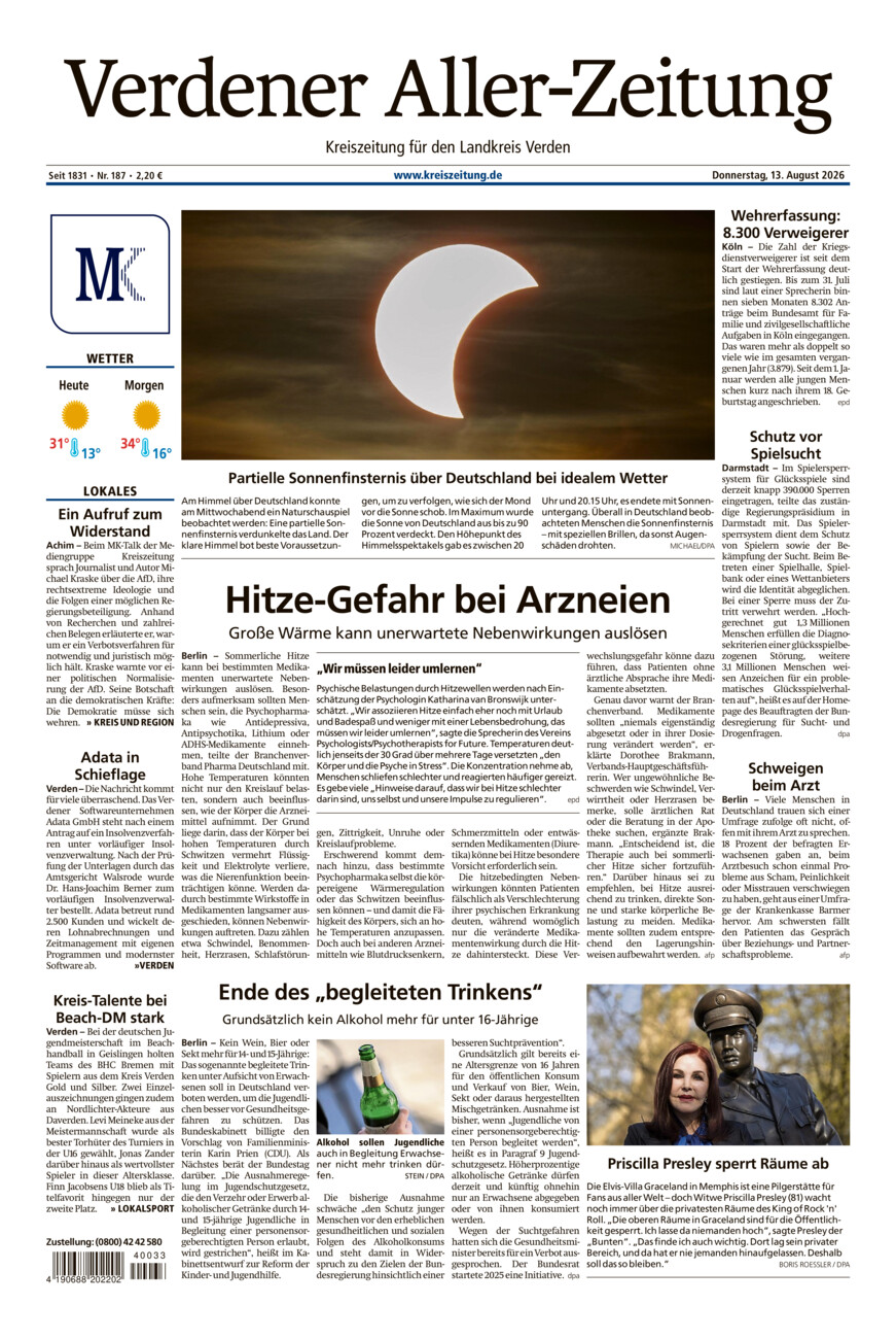 Verdener Aller-Zeitung vom Donnerstag, 13.08.2026