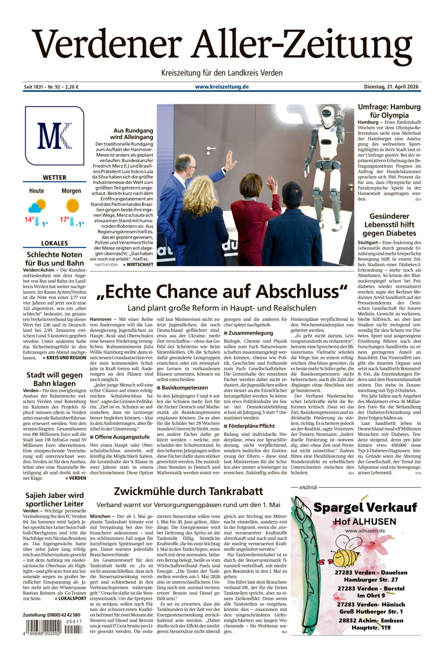 Verdener Aller-Zeitung vom Dienstag, 21.04.2026