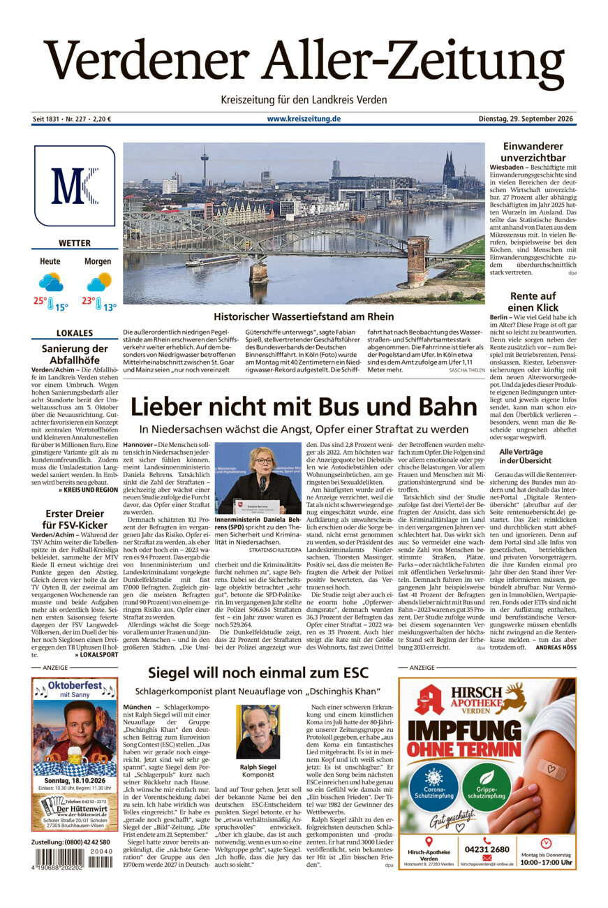 Verdener Aller-Zeitung vom Dienstag, 29.09.2026