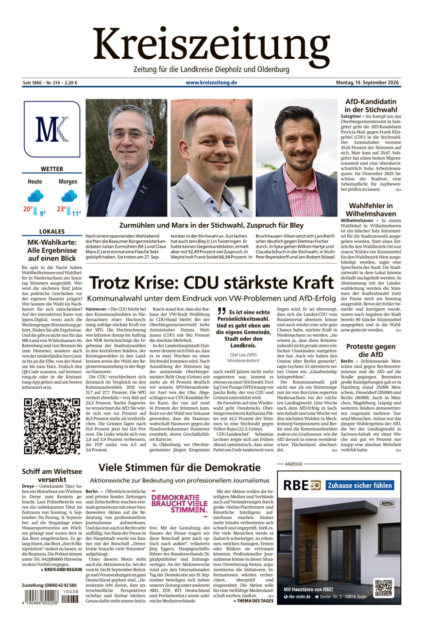 Kreiszeitung Bassum/Twistringen vom Montag, 14.09.2026