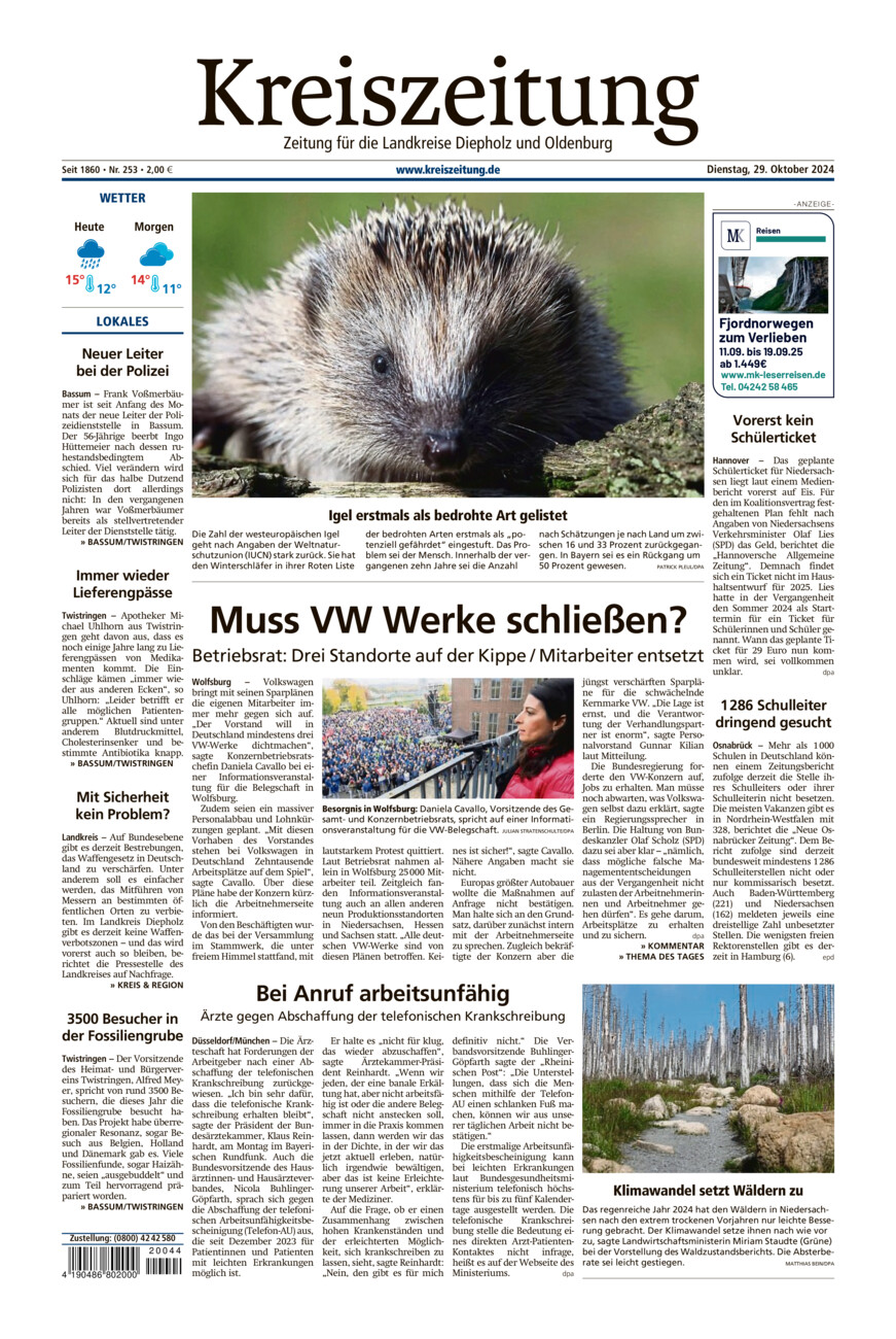 Kreiszeitung Bassum/Twistringen vom Dienstag, 29.10.2024