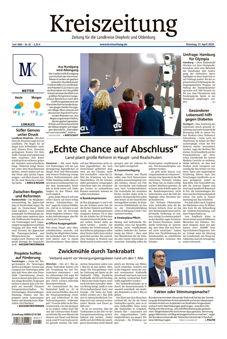 Kreiszeitung Bassum/Twistringen vom Dienstag, 21.04.2026