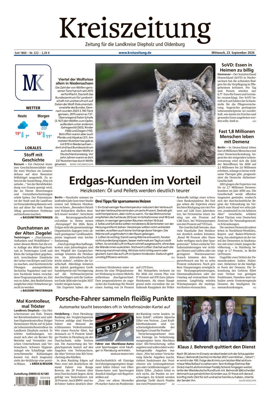 Kreiszeitung Bassum/Twistringen vom Mittwoch, 23.09.2026