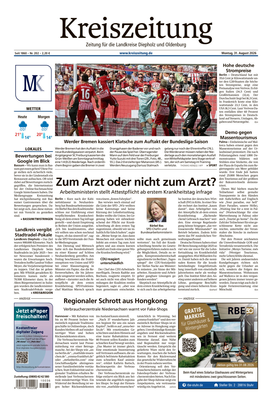 Kreiszeitung Bassum/Twistringen vom Montag, 31.08.2026