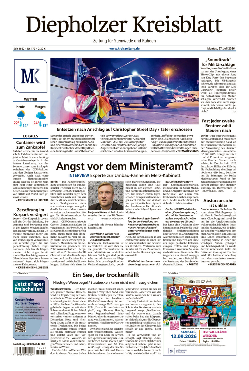 Diepholzer Kreisblatt Stemwede/Rahden vom Montag, 27.07.2026