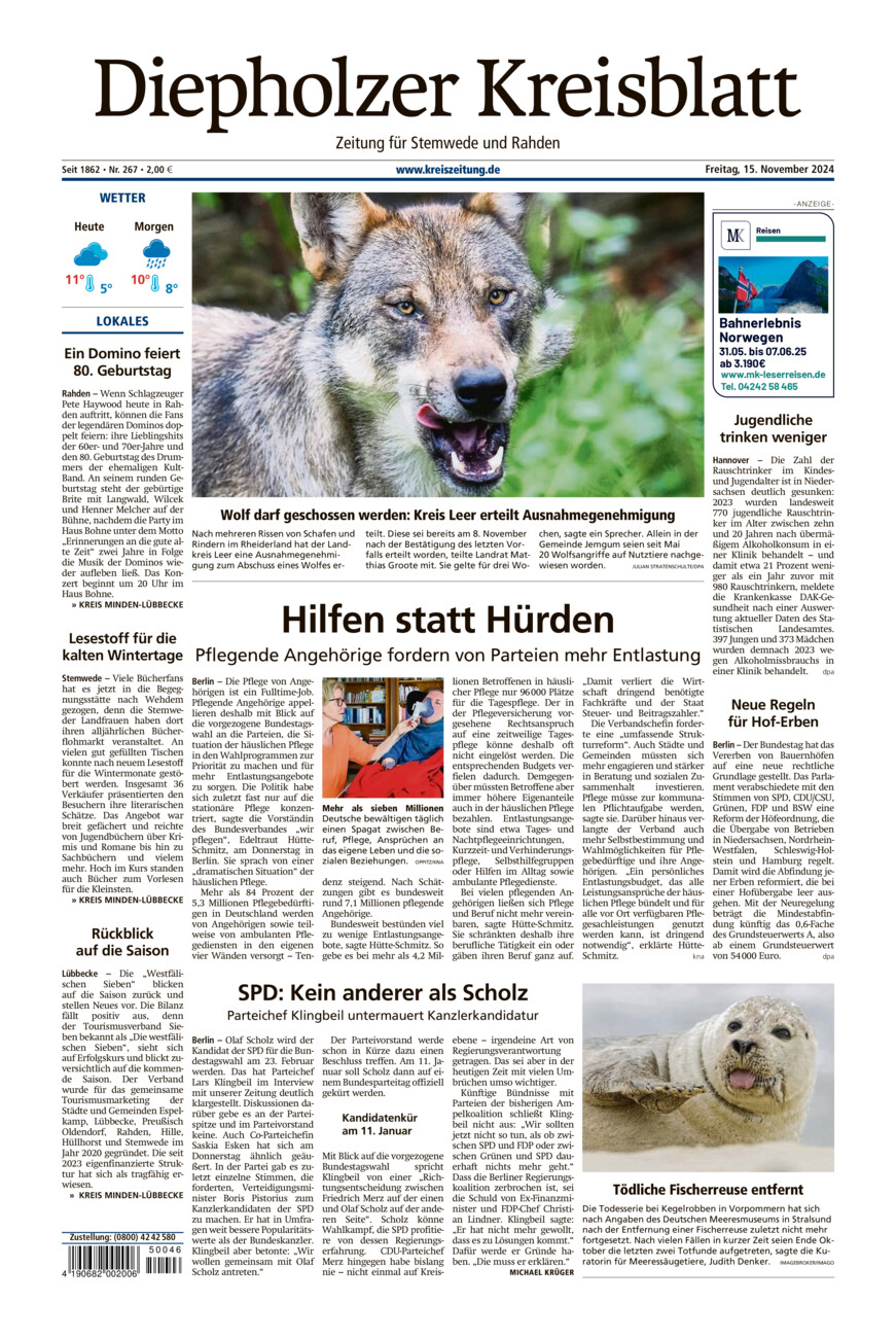 Diepholzer Kreisblatt Stemwede/Rahden vom Freitag, 15.11.2024