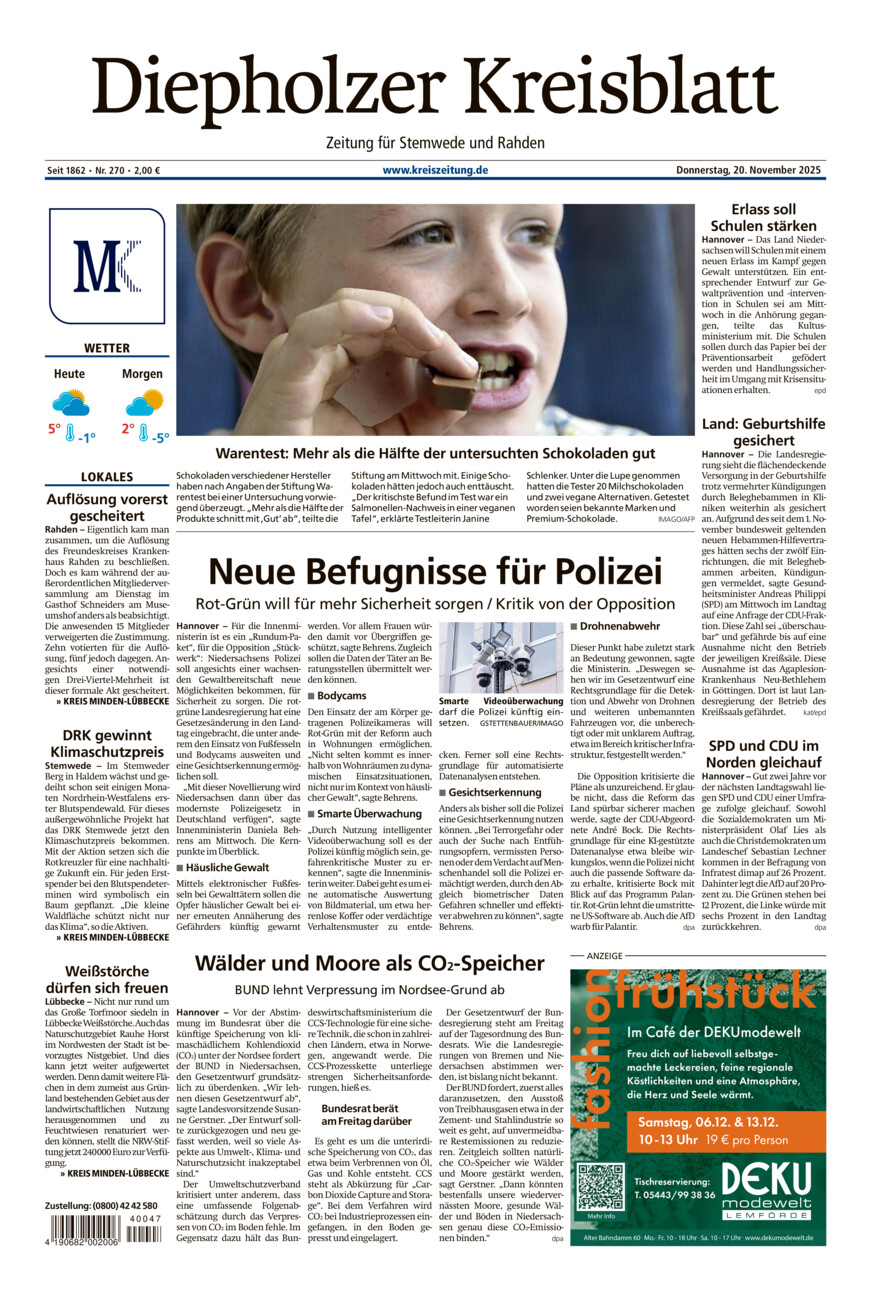 Diepholzer Kreisblatt Stemwede/Rahden vom Donnerstag, 20.11.2025