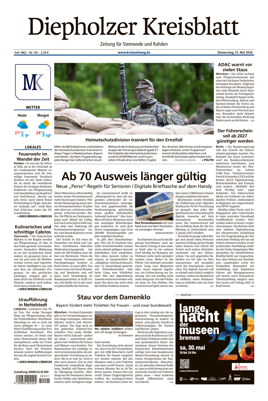 Diepholzer Kreisblatt Stemwede/Rahden vom Donnerstag, 21.05.2026