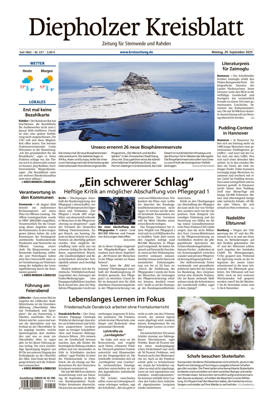 Diepholzer Kreisblatt Stemwede/Rahden vom Montag, 29.09.2025