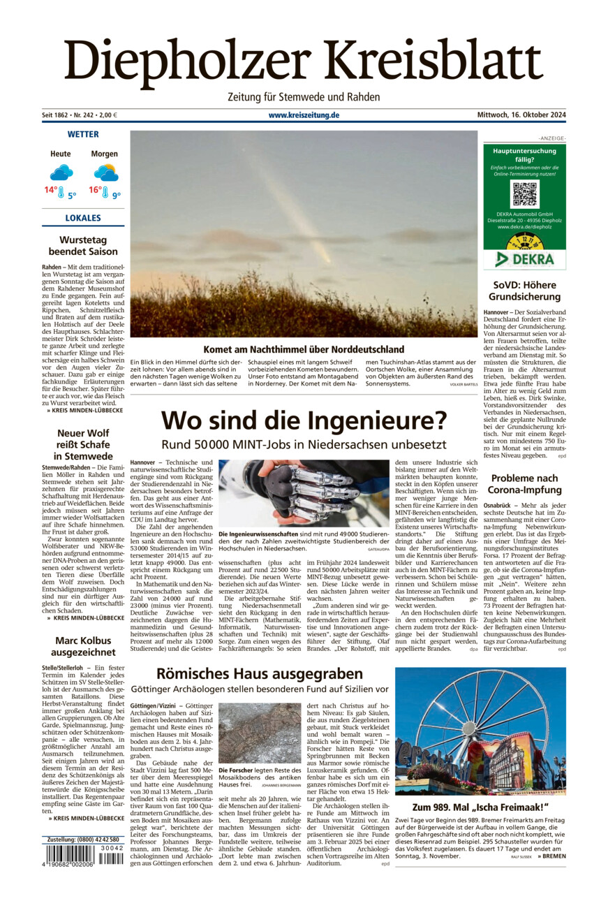 Diepholzer Kreisblatt Stemwede/Rahden vom Mittwoch, 16.10.2024