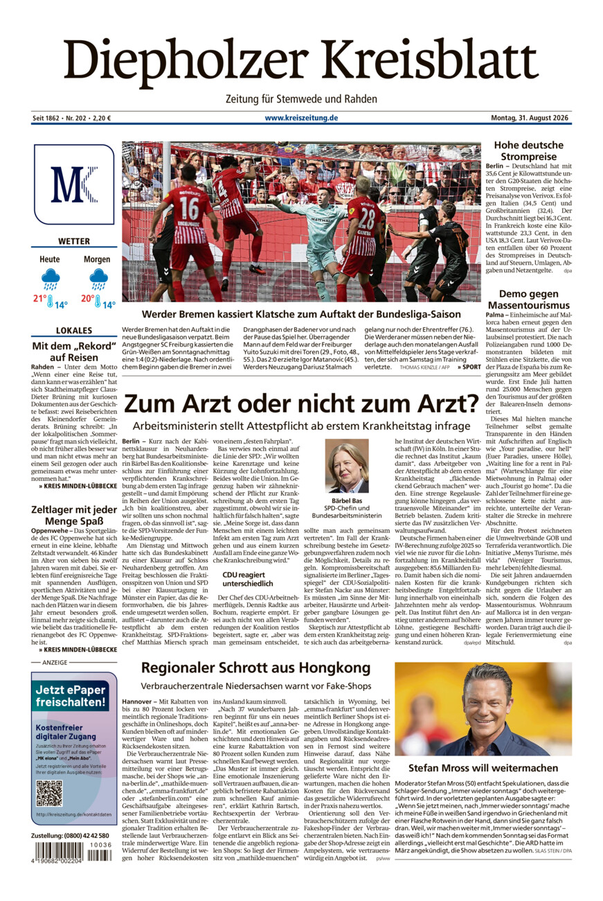 Diepholzer Kreisblatt Stemwede/Rahden vom Montag, 31.08.2026