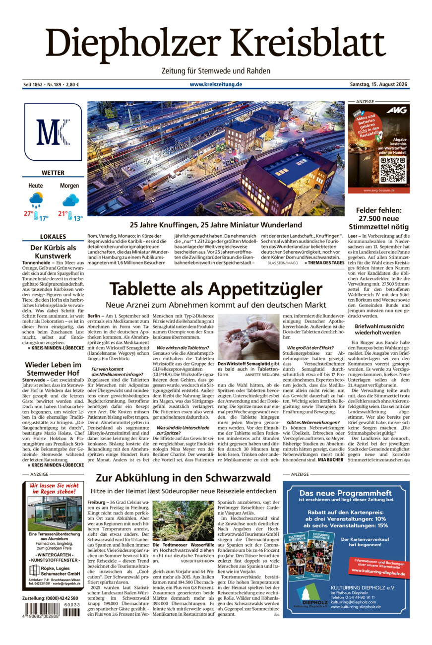 Diepholzer Kreisblatt Stemwede/Rahden vom Samstag, 15.08.2026