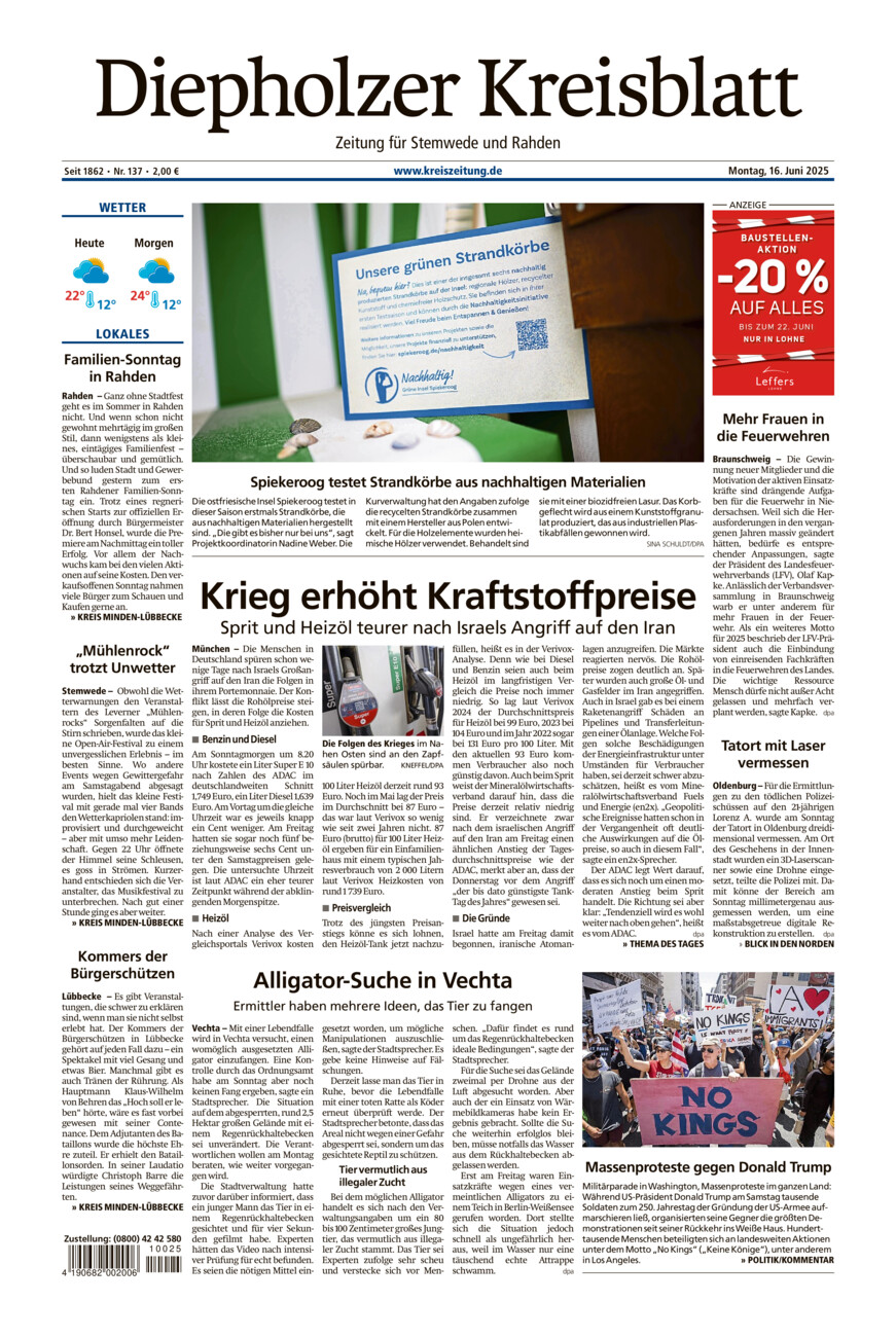 Diepholzer Kreisblatt Stemwede/Rahden vom Montag, 16.06.2025