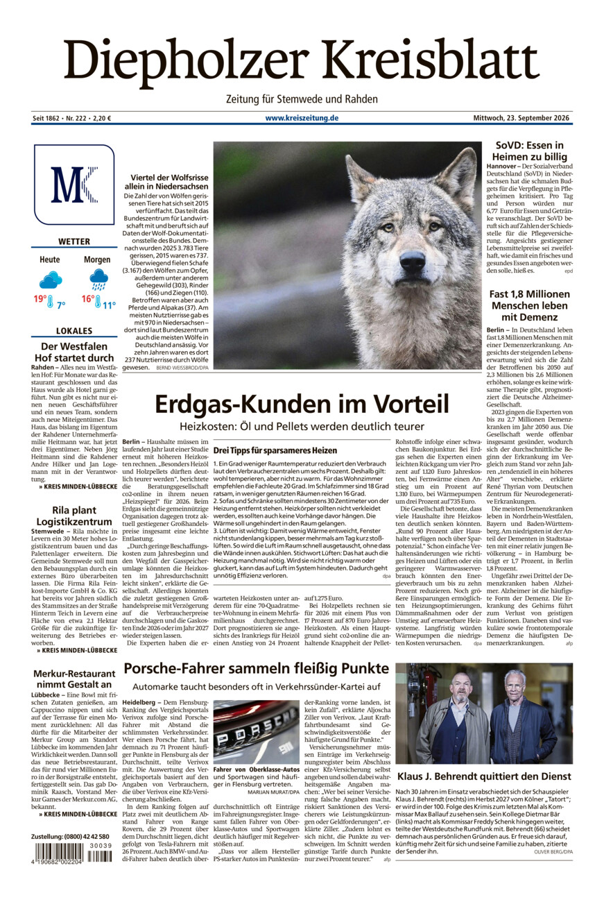 Diepholzer Kreisblatt Stemwede/Rahden vom Mittwoch, 23.09.2026
