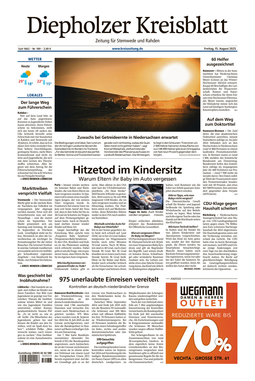 Diepholzer Kreisblatt Stemwede/Rahden vom Freitag, 15.08.2025