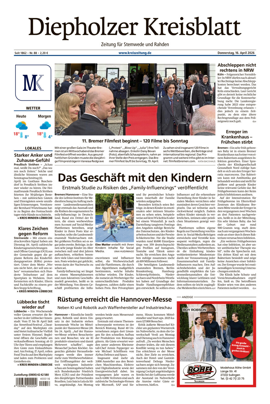 Diepholzer Kreisblatt Stemwede/Rahden vom Donnerstag, 16.04.2026