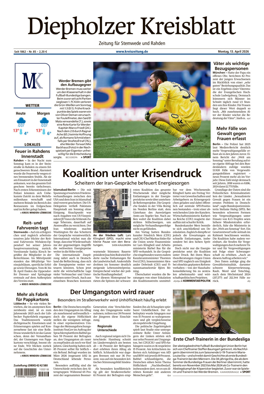 Diepholzer Kreisblatt Stemwede/Rahden vom Montag, 13.04.2026