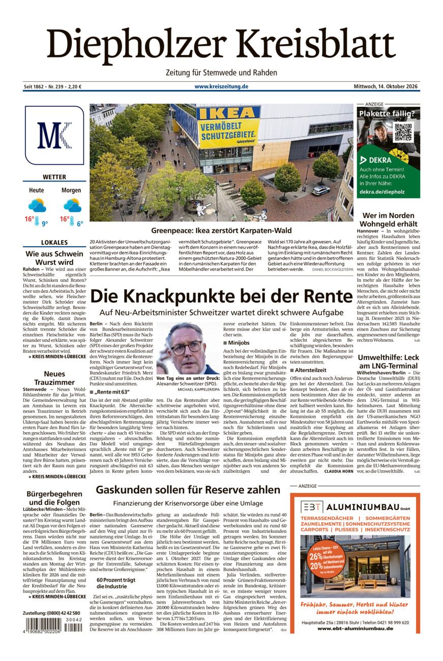 Diepholzer Kreisblatt Stemwede/Rahden vom Mittwoch, 14.10.2026
