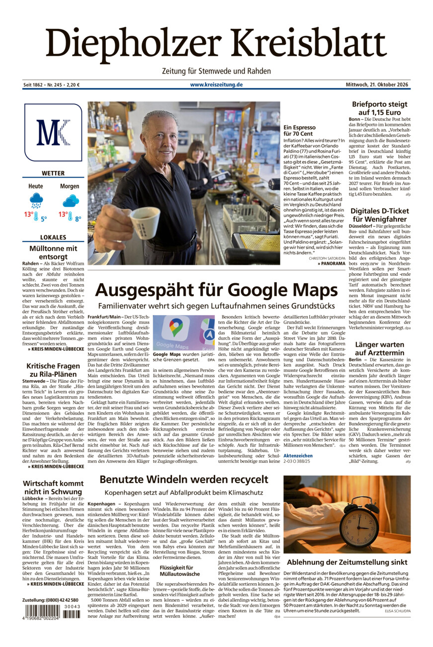 Diepholzer Kreisblatt Stemwede/Rahden vom Mittwoch, 21.10.2026