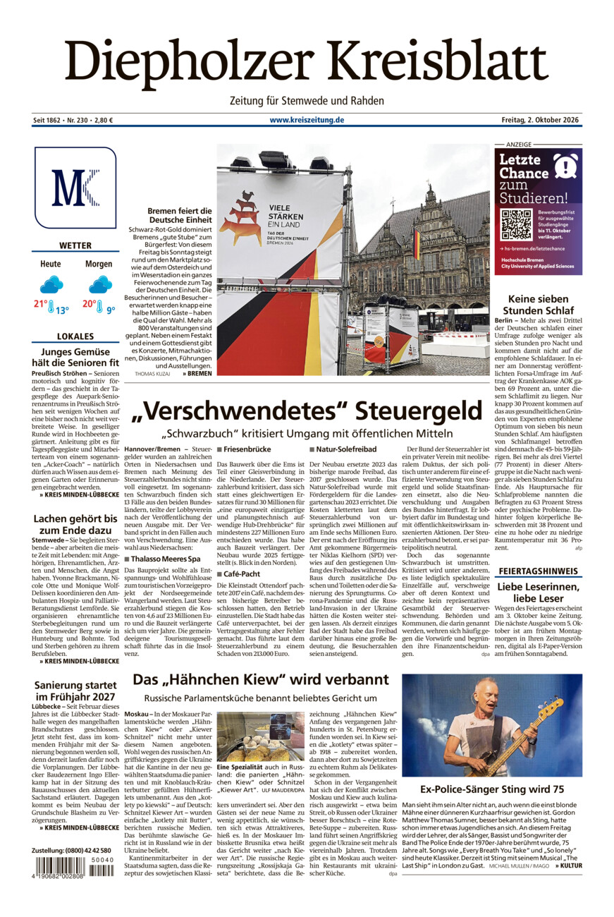 Diepholzer Kreisblatt Stemwede/Rahden vom Freitag, 02.10.2026