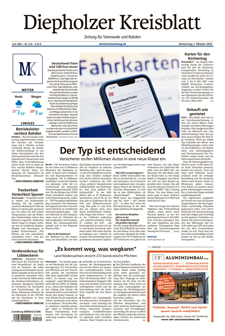Diepholzer Kreisblatt Stemwede/Rahden vom Donnerstag, 01.10.2026