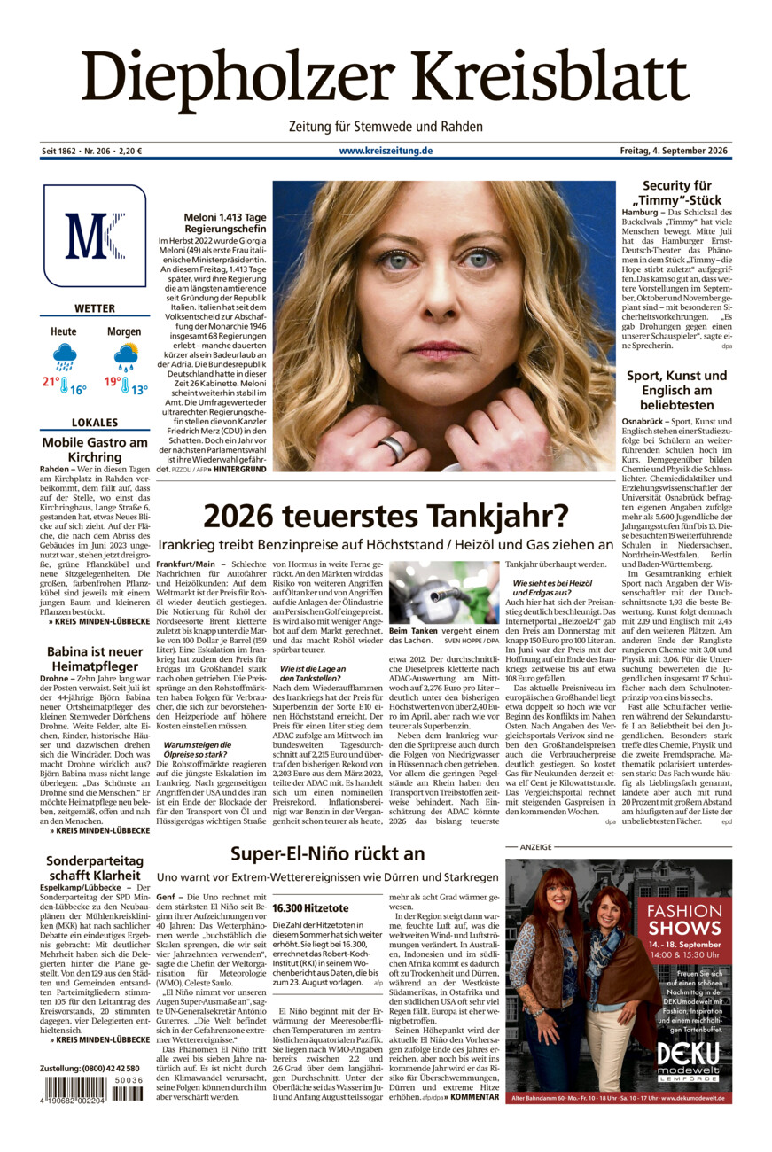 Diepholzer Kreisblatt Stemwede/Rahden vom Freitag, 04.09.2026