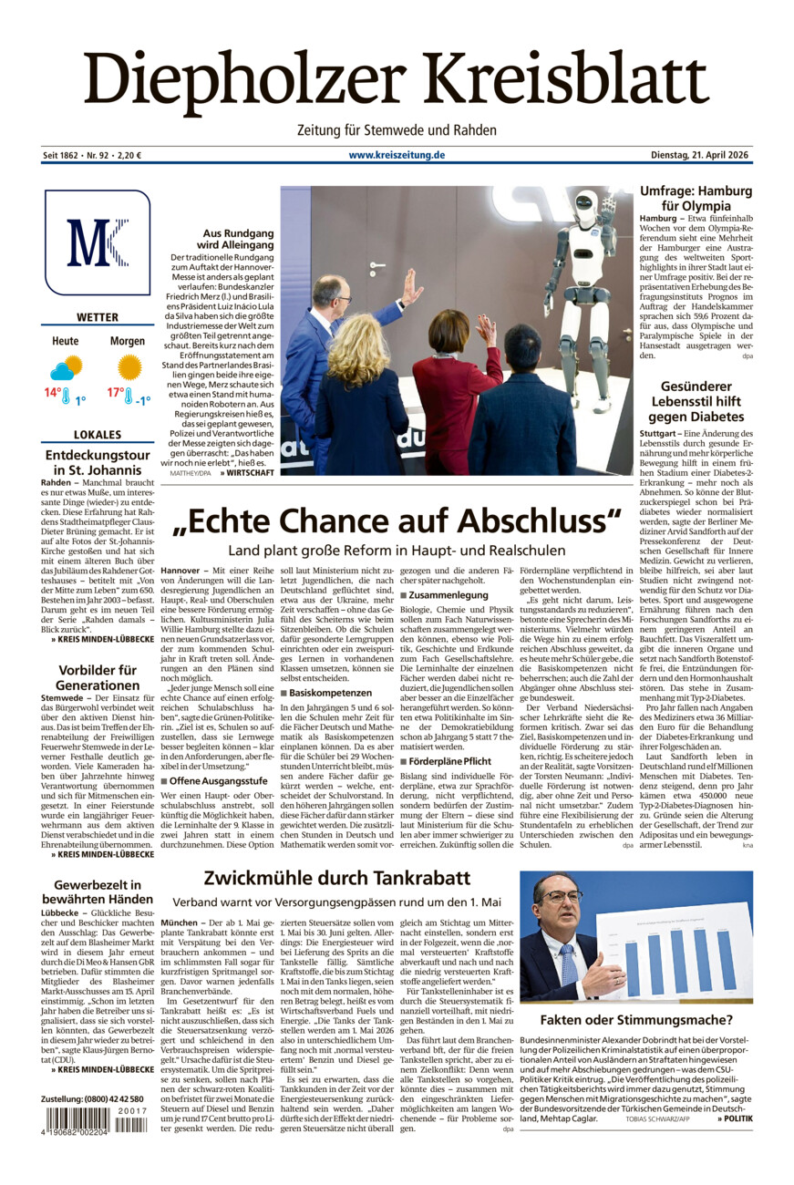 Diepholzer Kreisblatt Stemwede/Rahden vom Dienstag, 21.04.2026