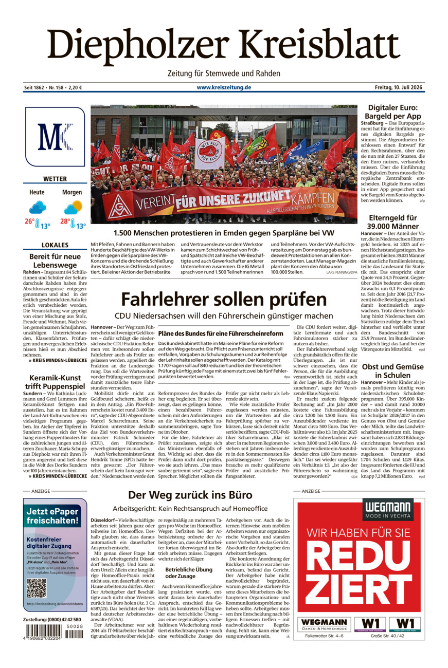 Diepholzer Kreisblatt Stemwede/Rahden vom Freitag, 10.07.2026