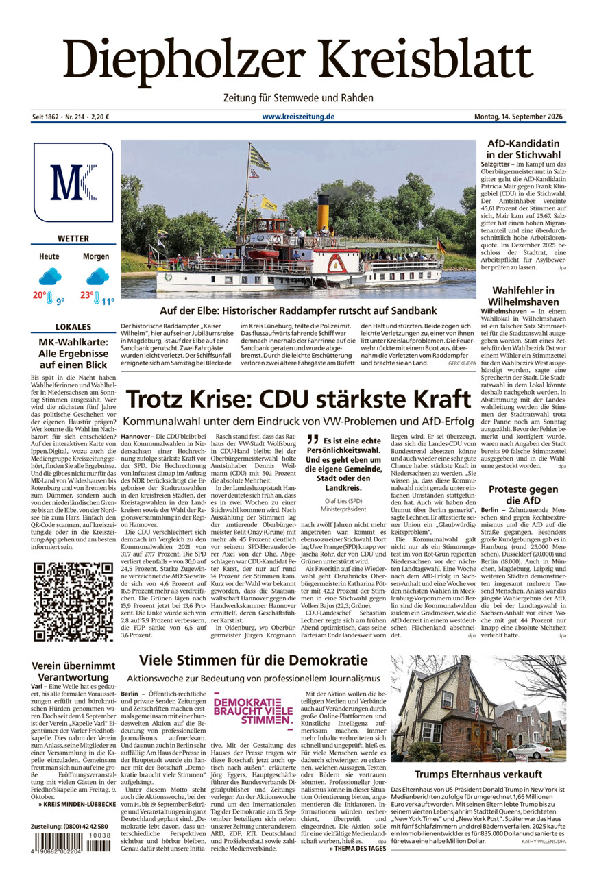 Diepholzer Kreisblatt Stemwede/Rahden vom Montag, 14.09.2026