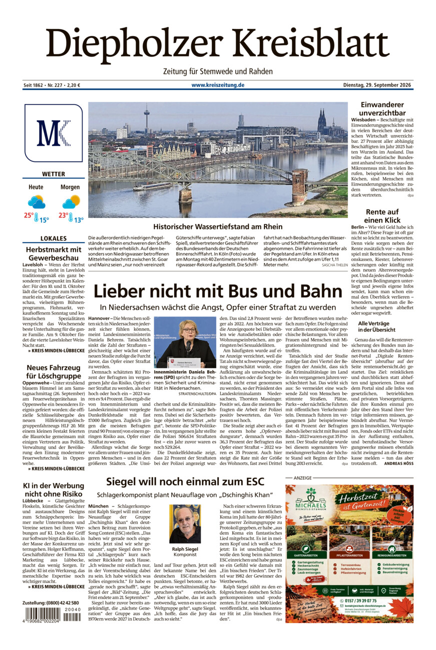 Diepholzer Kreisblatt Stemwede/Rahden vom Dienstag, 29.09.2026