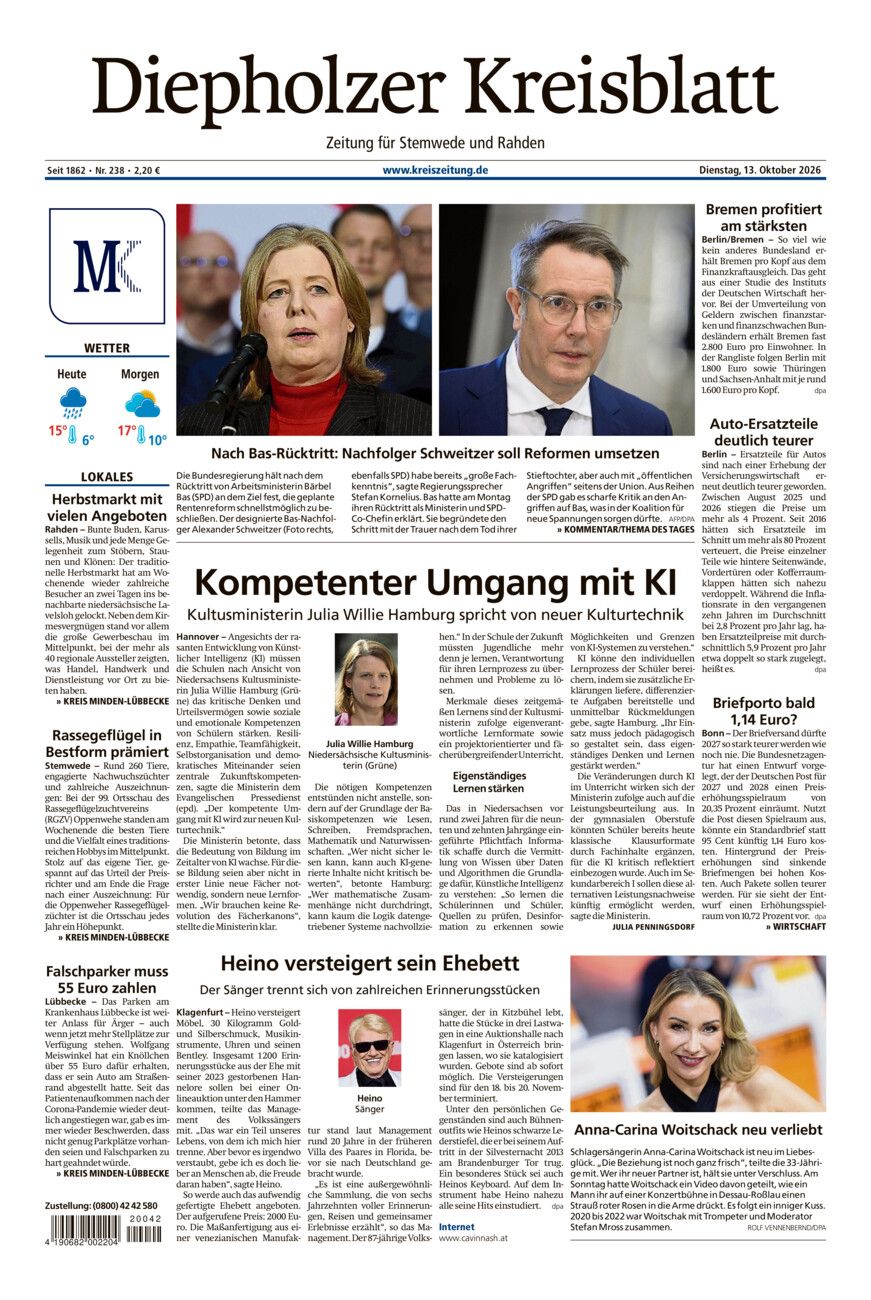 Diepholzer Kreisblatt Stemwede/Rahden vom Dienstag, 13.10.2026