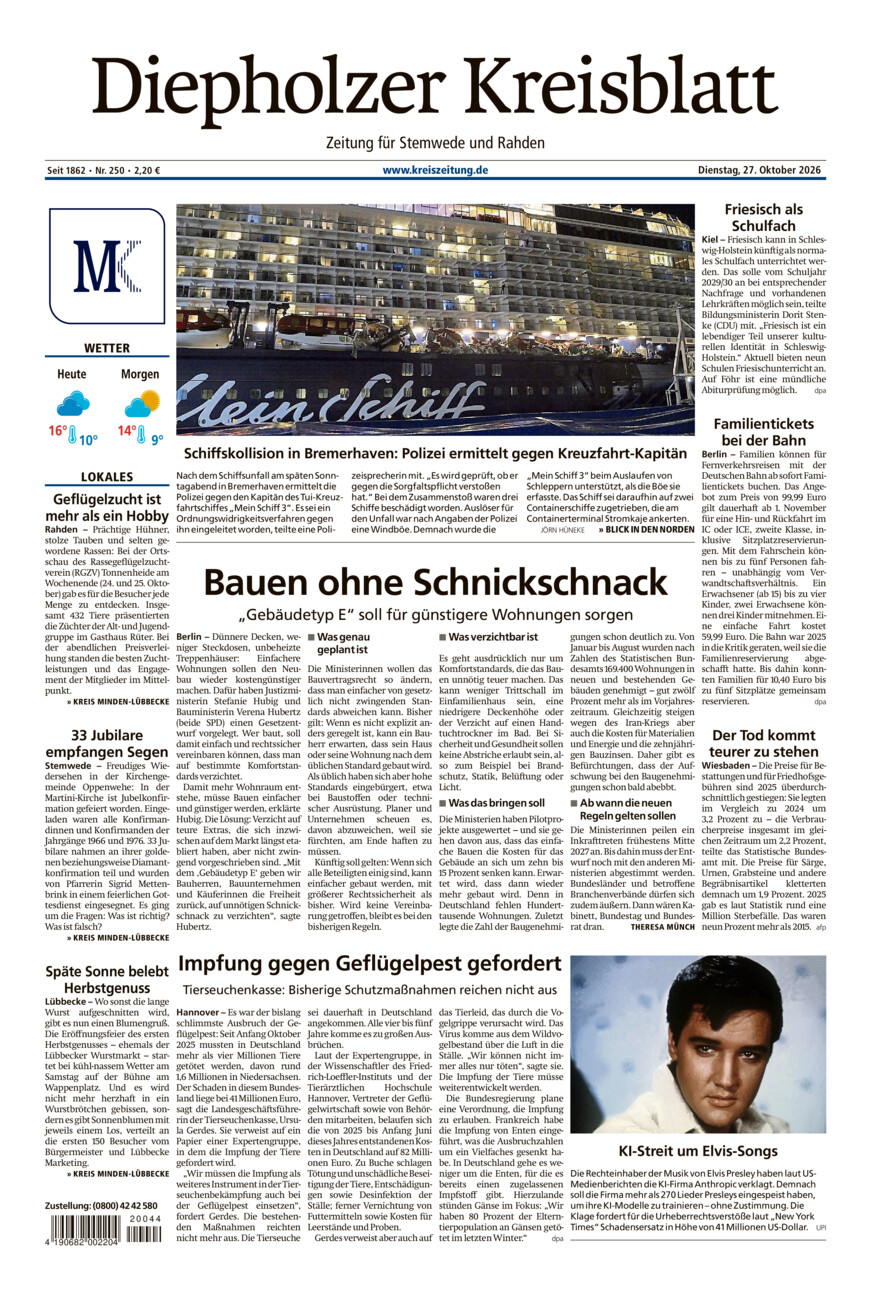 Diepholzer Kreisblatt Stemwede/Rahden vom Dienstag, 27.10.2026
