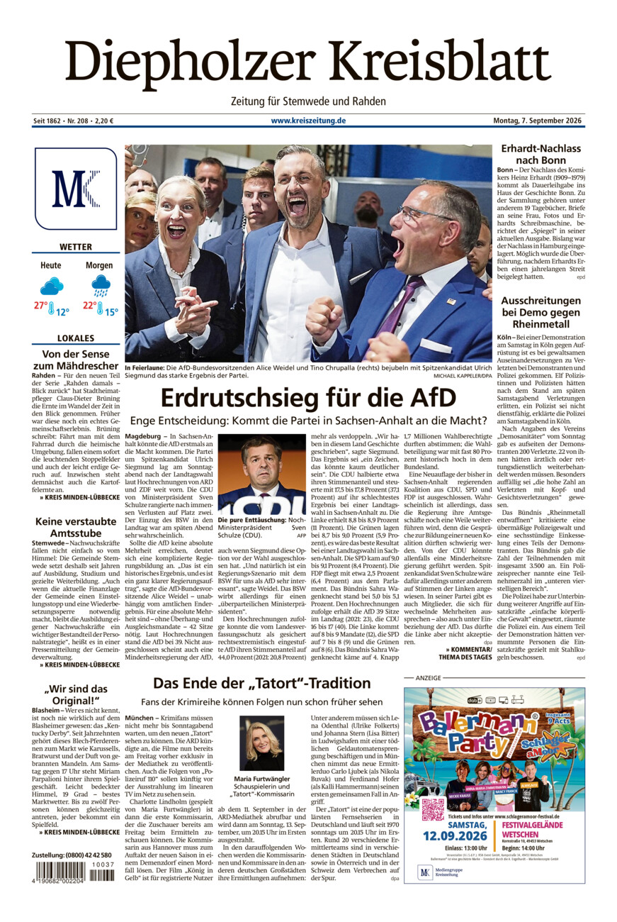Diepholzer Kreisblatt Stemwede/Rahden vom Montag, 07.09.2026