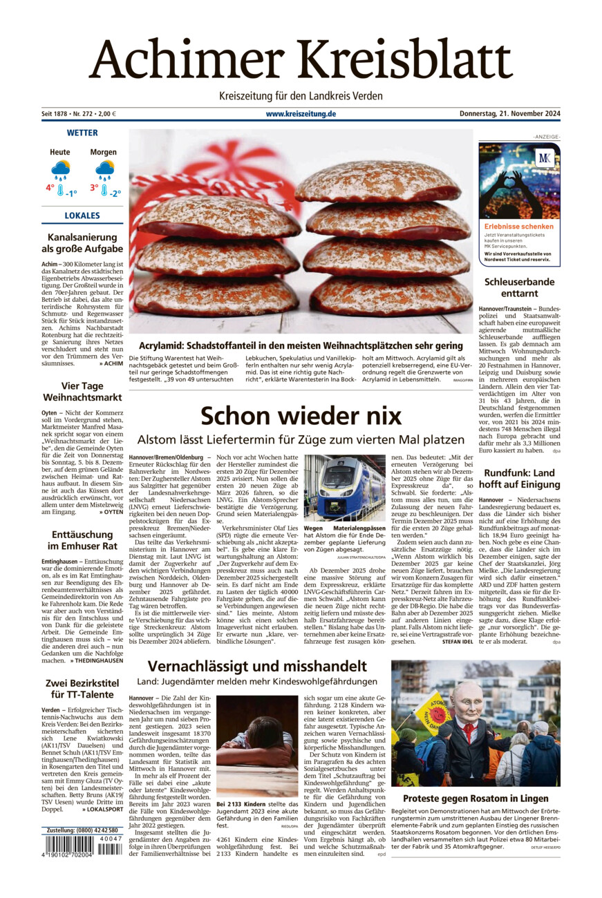 Achimer Kreisblatt vom Donnerstag, 21.11.2024