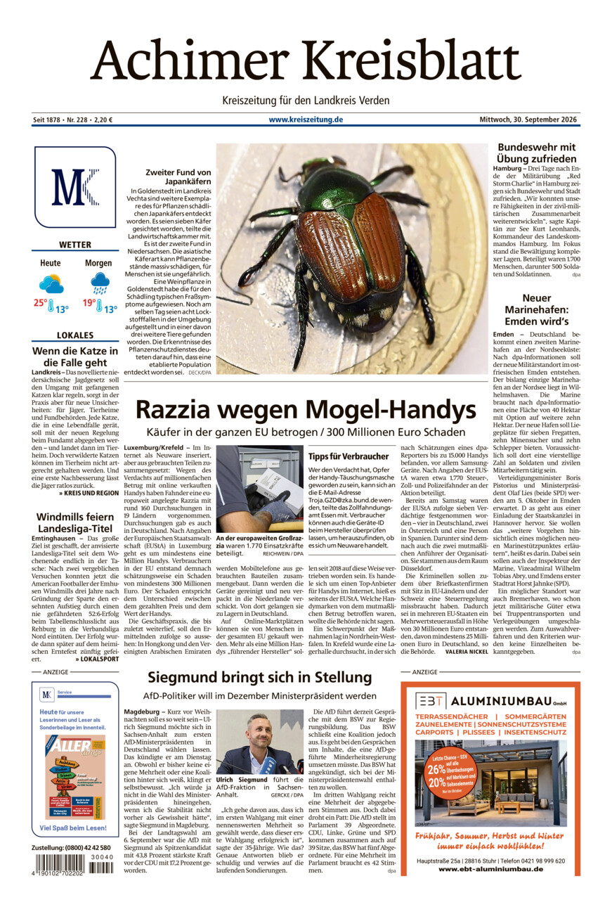 Achimer Kreisblatt vom Mittwoch, 30.09.2026